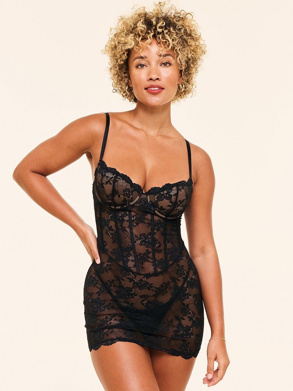 Adore Me Brielle Black Lace Corset Babydoll & G-String Set Size L
